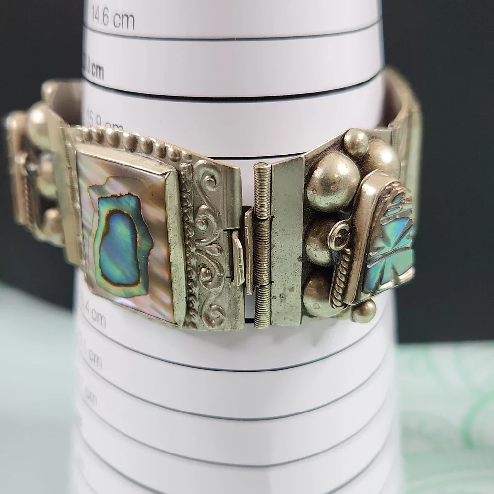 Vintage Taxco Mexico Sterling Panel Bracelet Abalone Mother of Pearl MOP - Picture 10 of 12